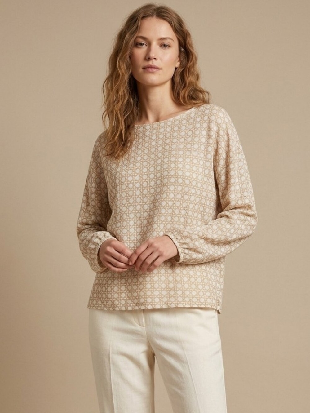 Ann Taylor 100% Linen Tan Geometric Print Long Top Size L Neutral Minimalist